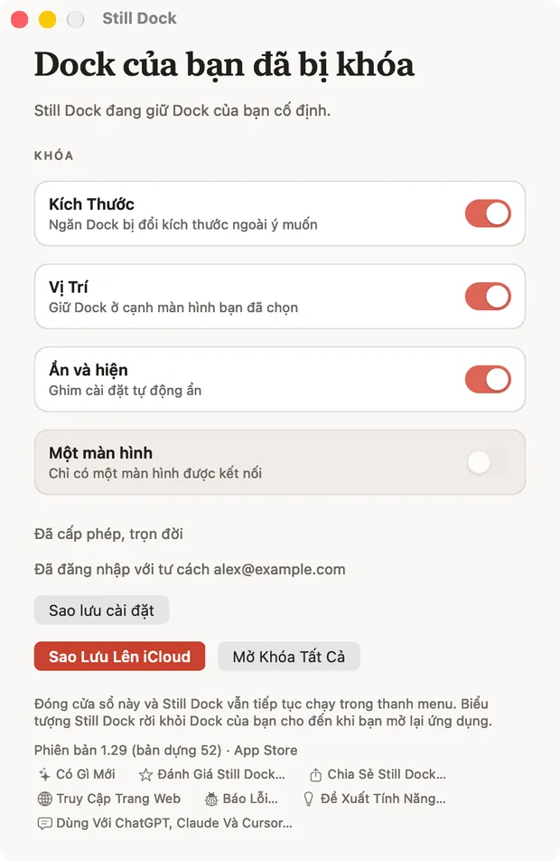 Cửa sổ Still Dock trên Mac, hiện các khóa và bảy thao tác trợ giúp ở phía dưới