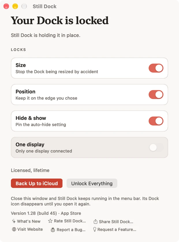 نافذة Still Dock على جهاز Mac، تعرض الأقفال وإجراءات المساعدة الستة في الأسفل