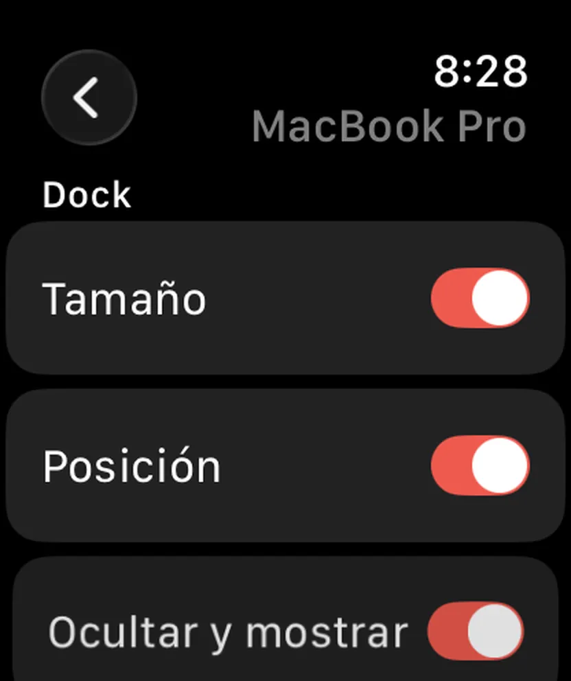 Still Dock en un Apple Watch, con los mismos interruptores