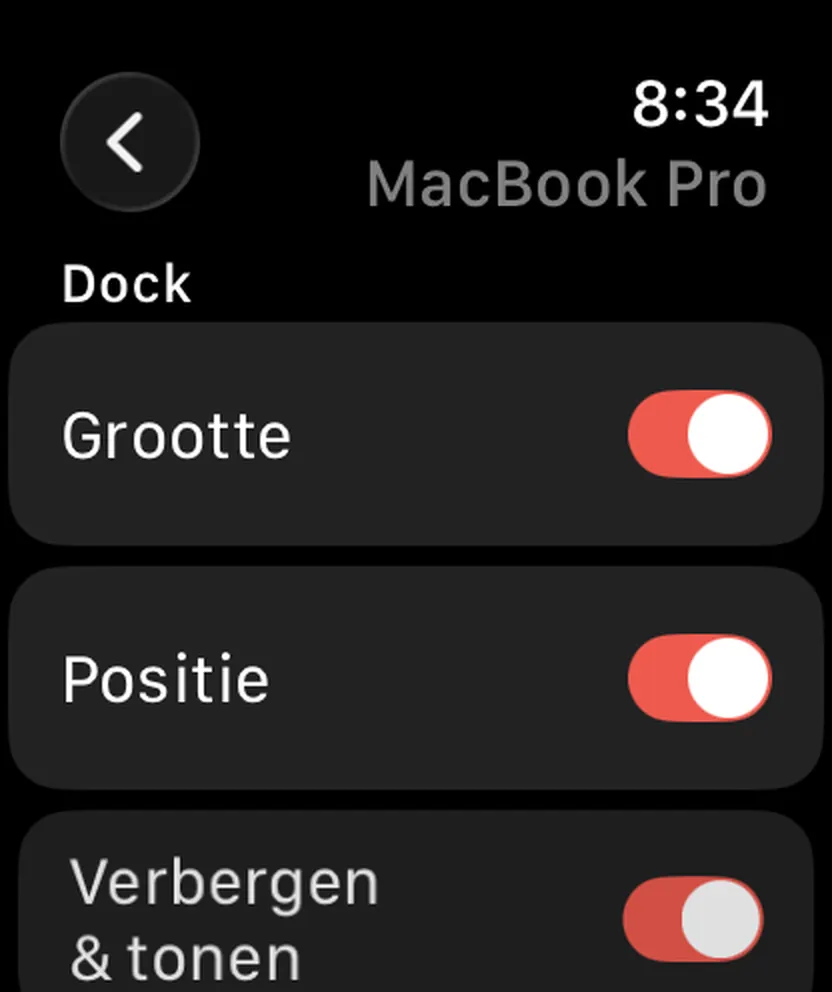 Still Dock op een Apple Watch, met dezelfde schakelaars