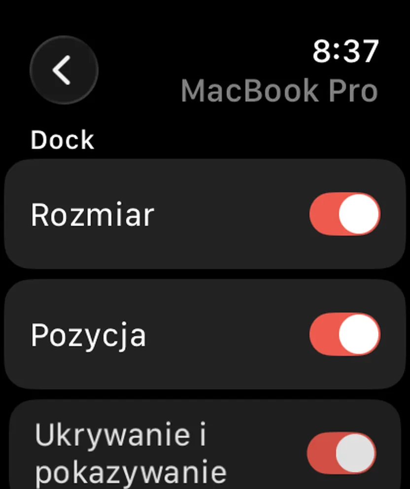 Still Dock na Apple Watch, z tymi samymi przełącznikami