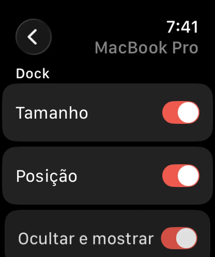 O Still Dock num Apple Watch, com os mesmos interruptores