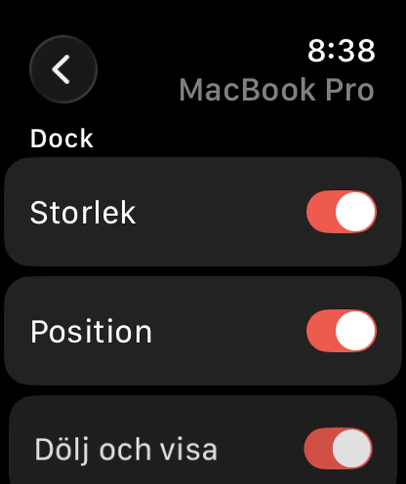 Still Dock på en Apple Watch, med samma reglage