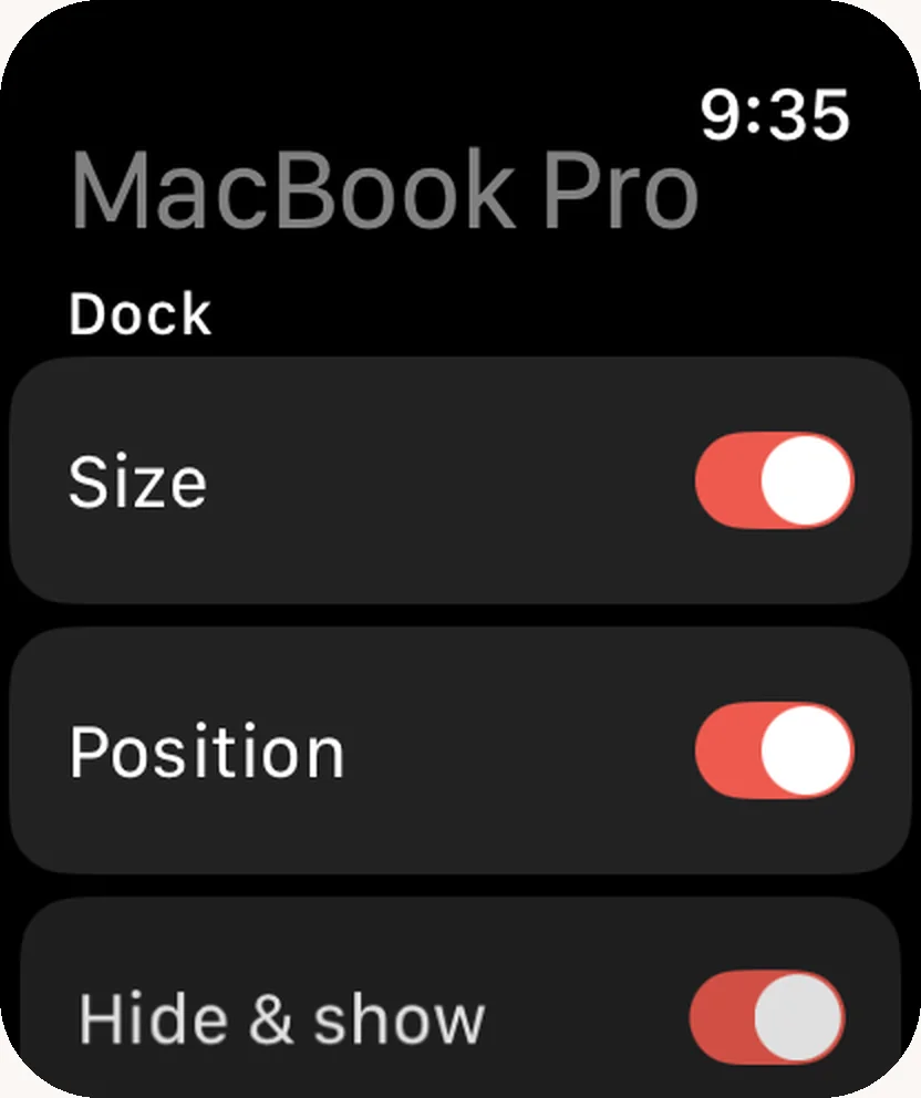 Still Dock en un Apple Watch, con los mismos interruptores